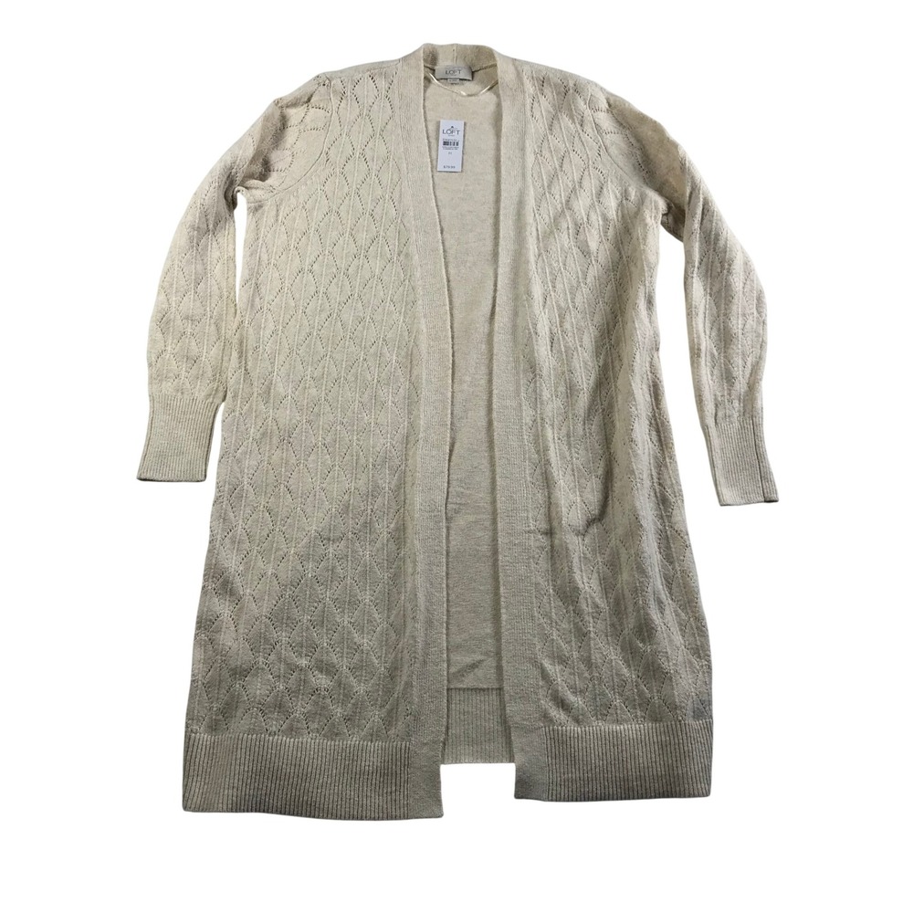 Loft Outlet Womens Medium Oatmeal Beige Pointelle Diamond Knit Duster Cardigan